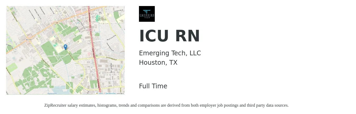 Emerging Tech, LLC job posting for a ICU RN in Houston, TX with a salary of $1,870 to $2,630 Weekly with a map of Houston location.