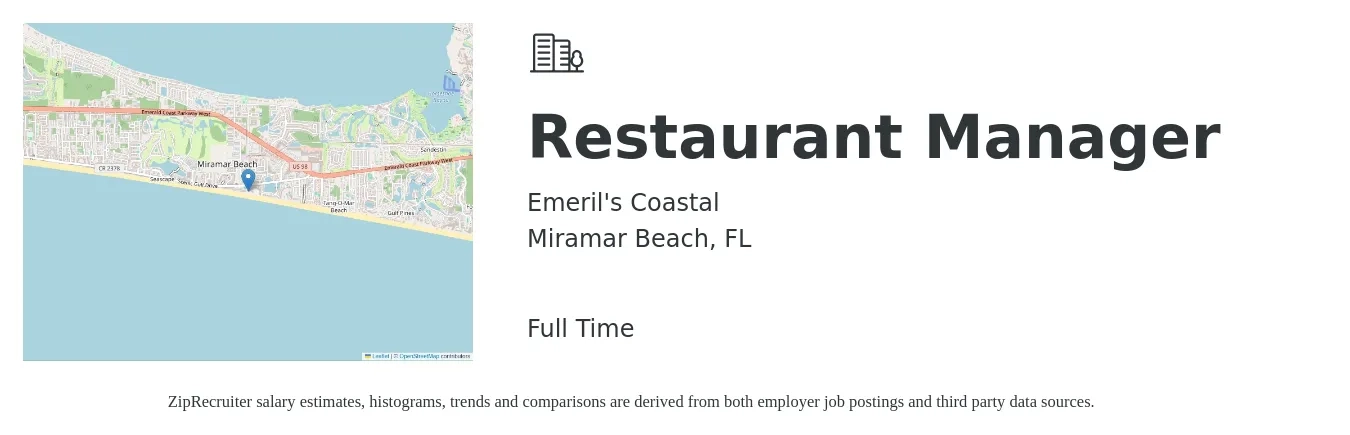 Emeril's Coastal job posting for a Restaurant Manager in Miramar Beach, FL with a salary of $40,300 to $56,900 Yearly with a map of Miramar Beach location.