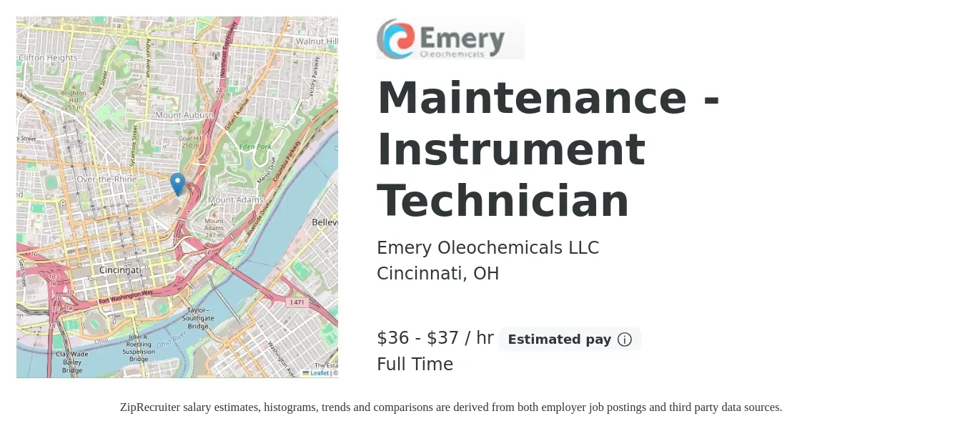 Emery Oleochemicals LLC job posting for a Maintenance - Instrument Technician in Cincinnati, OH with a salary of $37 to $38 Hourly with a map of Cincinnati location.