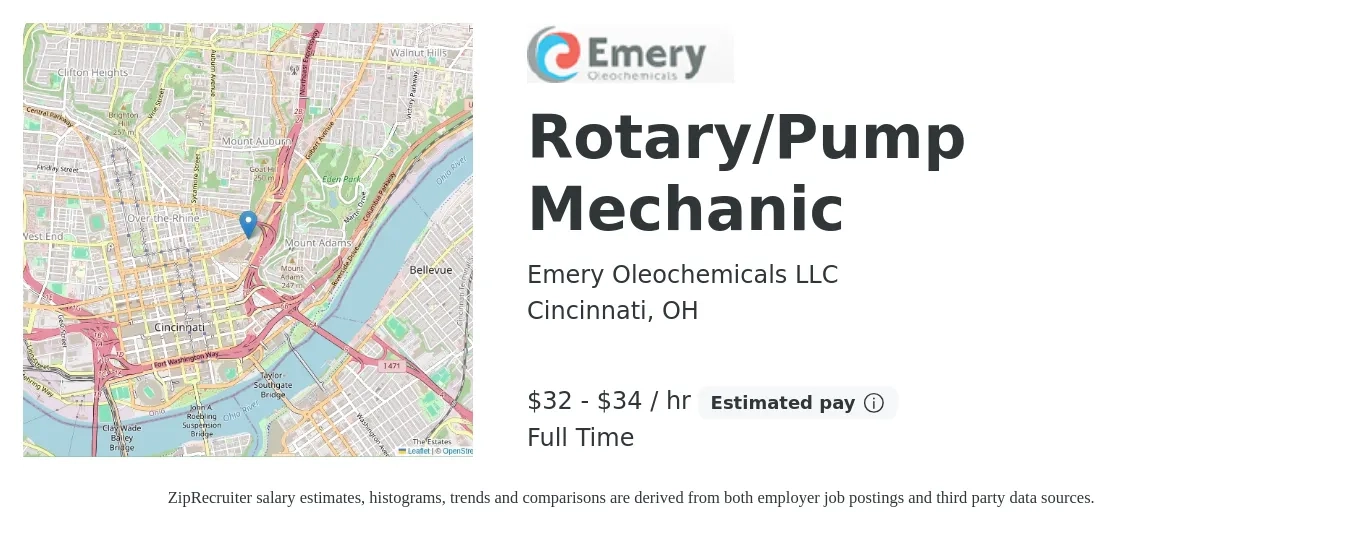 Emery Oleochemicals LLC job posting for a Rotary/Pump Mechanic in Cincinnati, OH with a salary of $34 to $35 Hourly with a map of Cincinnati location.