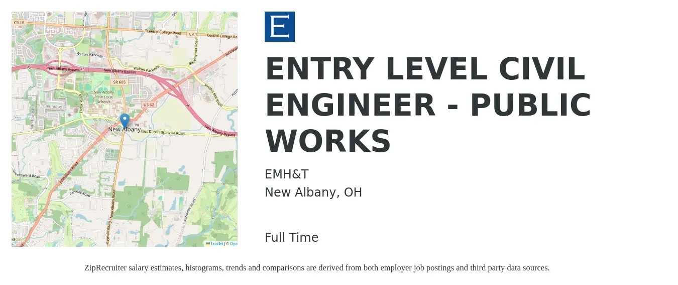 EMH&T job posting for a ENTRY LEVEL CIVIL ENGINEER - PUBLIC WORKS in New Albany, OH with a salary of $50,000 to $85,000 Yearly with a map of New Albany location.