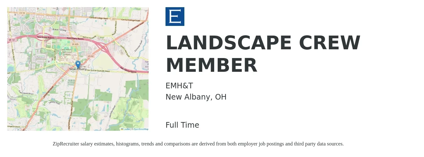 EMH&T job posting for a LANDSCAPE CREW MEMBER in New Albany, OH with a salary of $15 to $18 Hourly with a map of New Albany location.