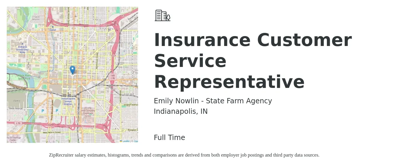 Emily Nowlin - State Farm Agency job posting for a Insurance Customer Service Representative in Indianapolis, IN with a salary of $38,200 to $52,600 Yearly with a map of Indianapolis location.