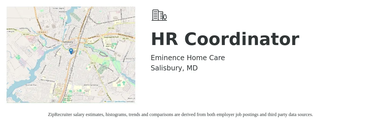 Eminence Home Care job posting for a HR Coordinator in Salisbury, MD with a salary of $21 to $27 Hourly with a map of Salisbury location.