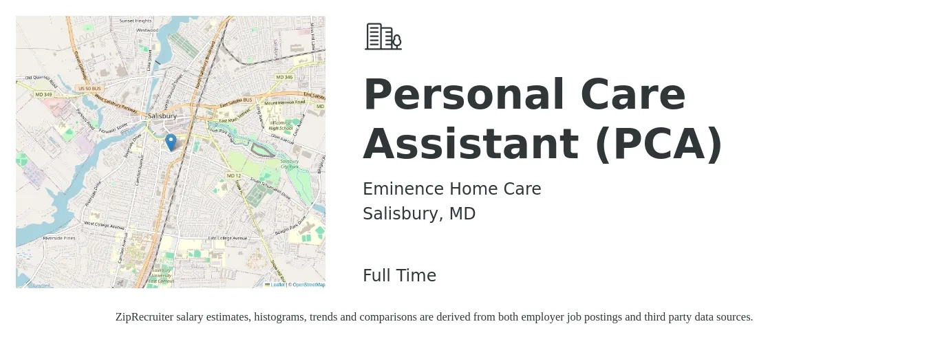 Eminence Home Care job posting for a Personal Care Assistant (PCA) in Salisbury, MD with a salary of $12 to $17 Hourly with a map of Salisbury location.