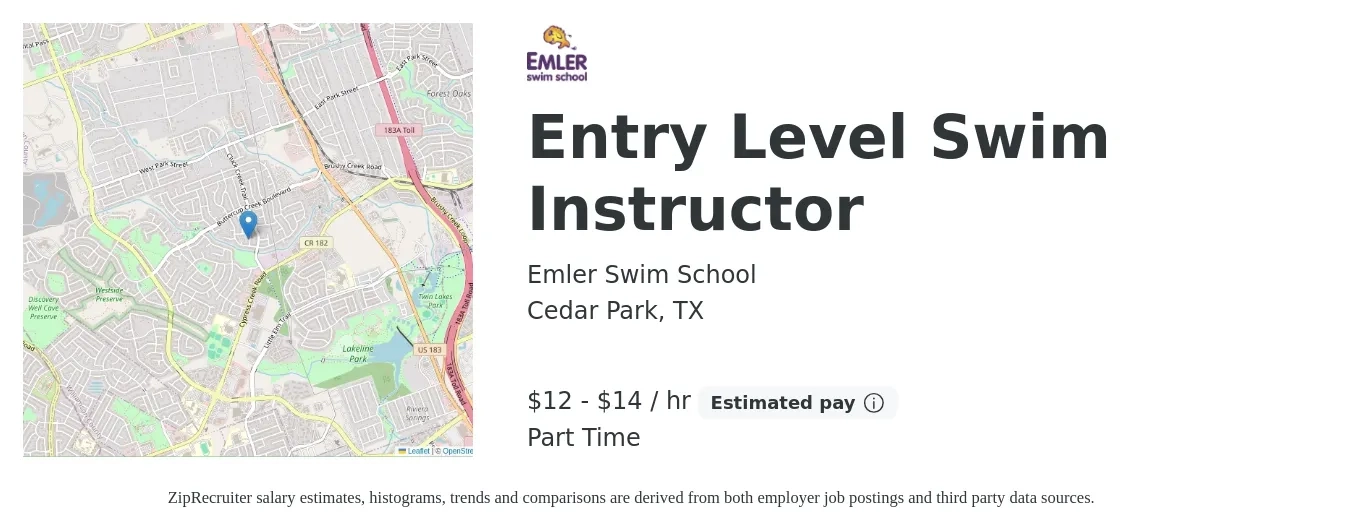 Emler Swim School job posting for a Entry Level Swim Instructor in Cedar Park, TX with a salary of $13 to $15 Hourly with a map of Cedar Park location.