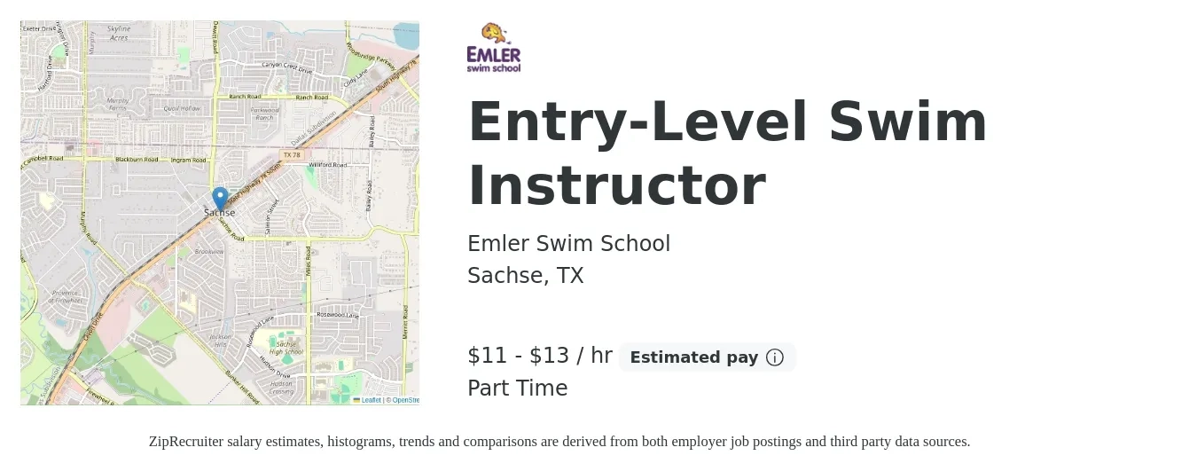 Emler Swim School job posting for a Entry-Level Swim Instructor in Sachse, TX with a salary of $12 to $14 Hourly with a map of Sachse location.