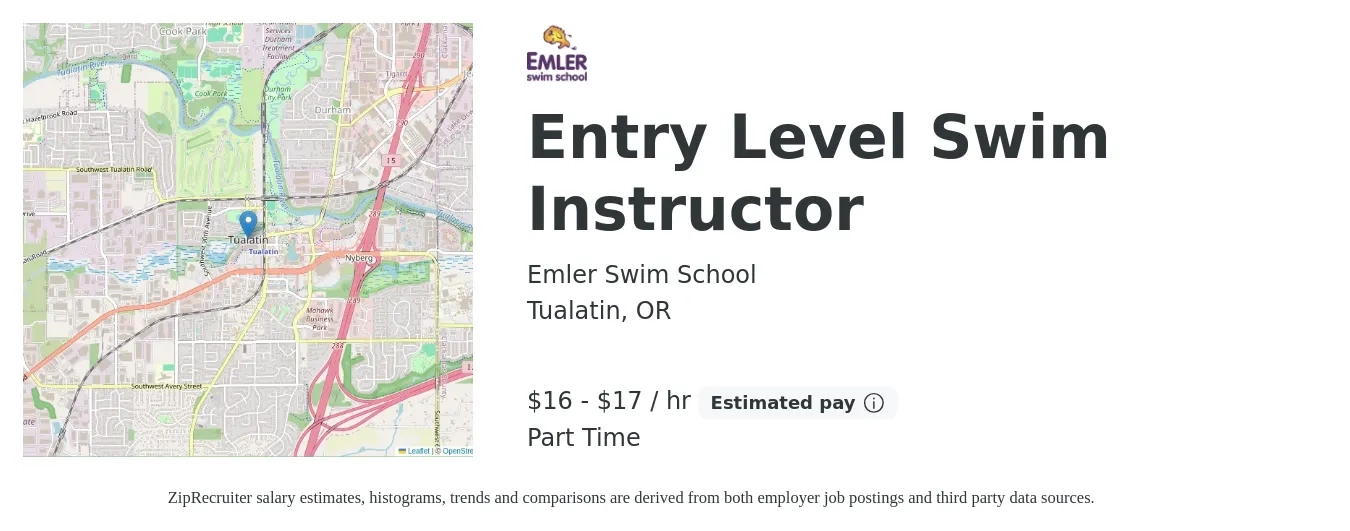 Emler Swim School job posting for a Entry Level Swim Instructor in Tualatin, OR with a salary of $17 to $18 Hourly with a map of Tualatin location.