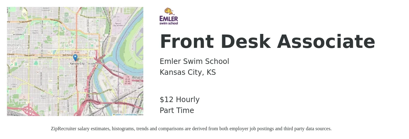Emler Swim School job posting for a Front Desk Associate in Kansas City, KS with a salary of $12 to $14 Hourly with a map of Kansas City location.