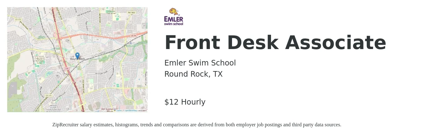 Emler Swim School job posting for a Front Desk Associate in Round Rock, TX with a salary of $13 to $15 Hourly with a map of Round Rock location.