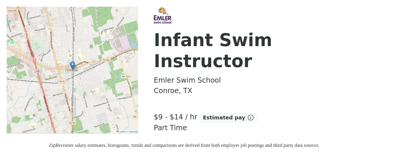 Emler Swim School job posting for a Infant Swim Instructor in Conroe, TX with a salary of $11 to $15 Hourly with a map of Conroe location.