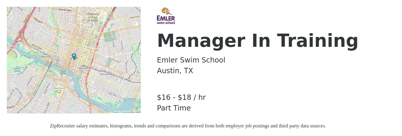 Emler Swim School job posting for a Manager In Training in Austin, TX with a salary of $17 to $22 Yearly with a map of Austin location.