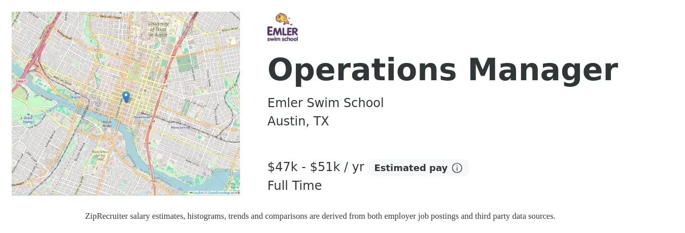 Emler Swim School job posting for a Operations Manager in Austin, TX with a salary of $47,000 to $51,250 Yearly with a map of Austin location.