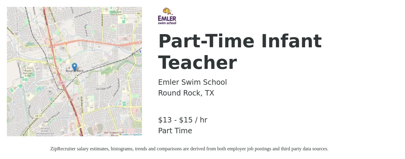 Emler Swim School job posting for a Part-Time Infant Teacher in Round Rock, TX with a salary of $14 to $17 Hourly with a map of Round Rock location.