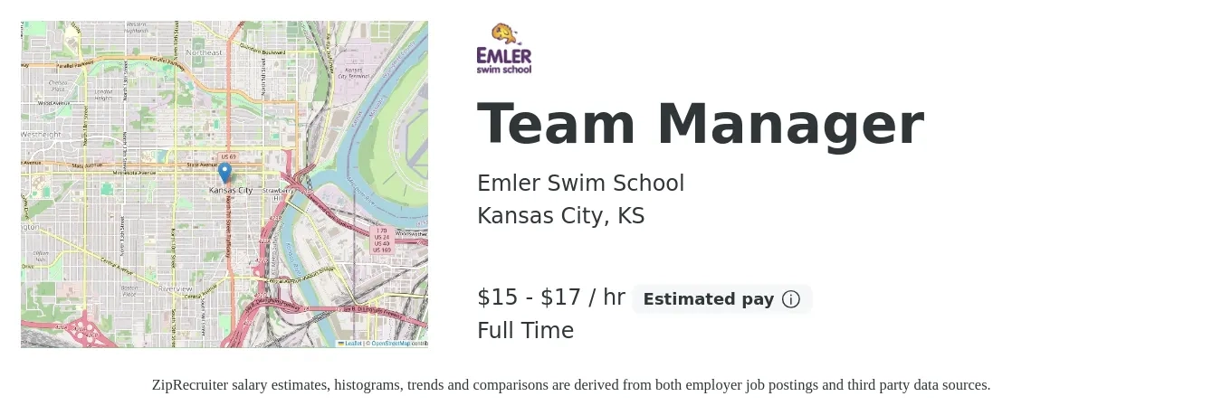 Emler Swim School job posting for a Team Manager in Kansas City, KS with a salary of $16 to $18 Hourly with a map of Kansas City location.