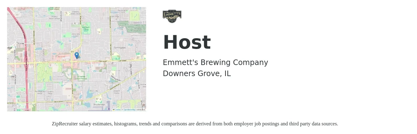 Emmett's Brewing Company job posting for a Host in Downers Grove, IL with a salary of $12 to $17 Hourly with a map of Downers Grove location.