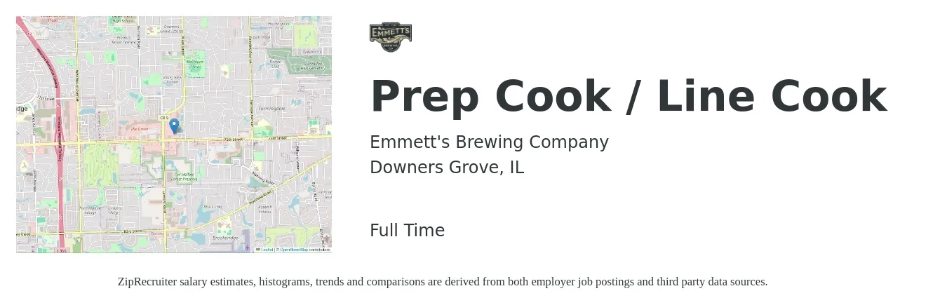Emmett's Brewing Company job posting for a Prep Cook / Line Cook in Downers Grove, IL with a salary of $16 to $20 Hourly with a map of Downers Grove location.