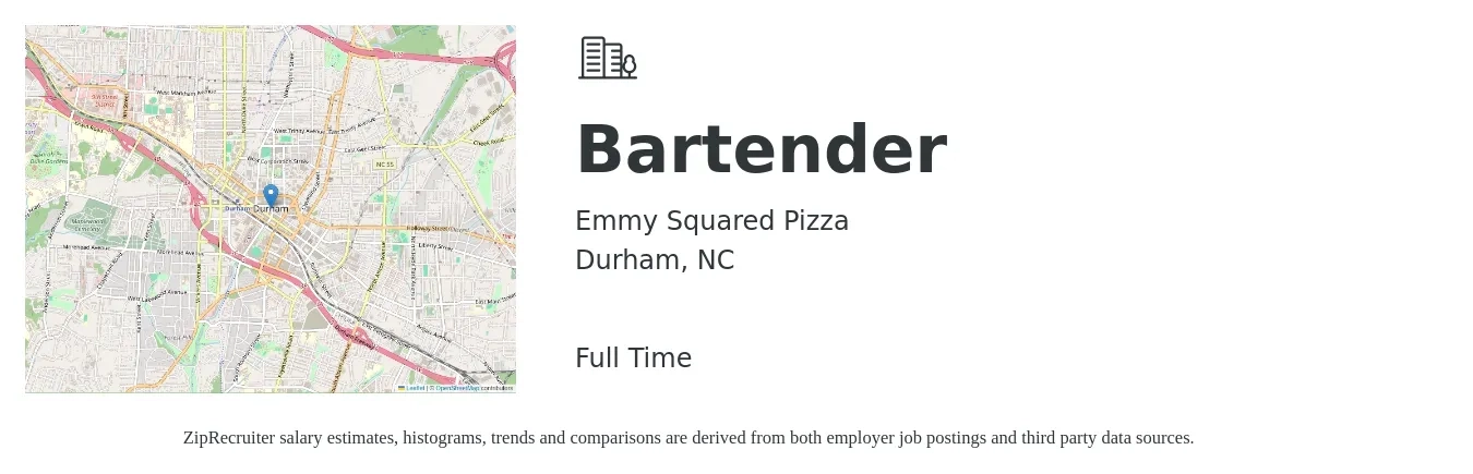 Emmy Squared Pizza job posting for a Bartender in Durham, NC with a salary of $10 to $18 Hourly with a map of Durham location.