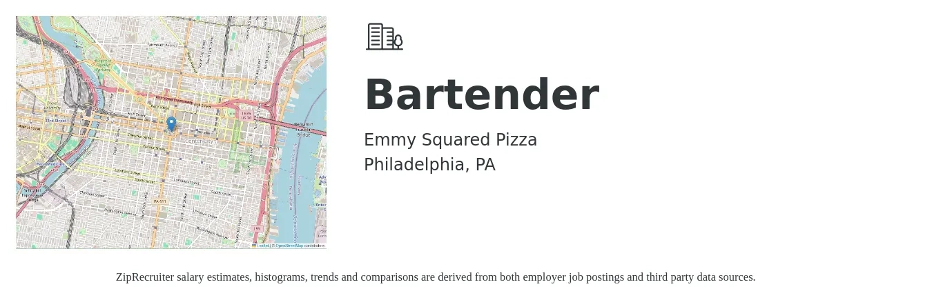 Emmy Squared Pizza job posting for a Bartender in Philadelphia, PA with a salary of $10 to $19 Hourly with a map of Philadelphia location.