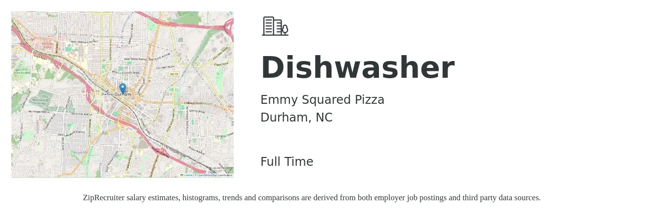 Emmy Squared Pizza job posting for a Dishwasher in Durham, NC with a salary of $12 to $16 Hourly with a map of Durham location.