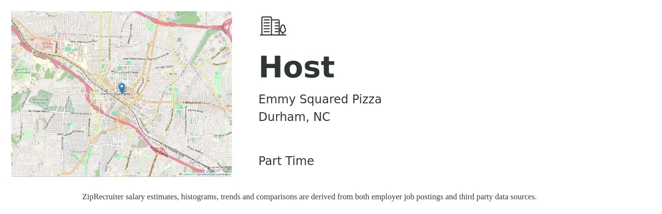 Emmy Squared Pizza job posting for a Host in Durham, NC with a salary of $12 to $16 Hourly with a map of Durham location.