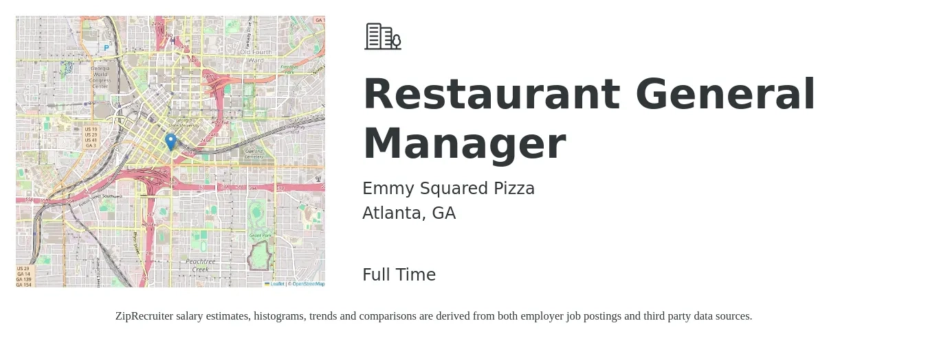Emmy Squared Pizza job posting for a Restaurant General Manager in Atlanta, GA with a salary of $51,000 to $70,300 Yearly with a map of Atlanta location.