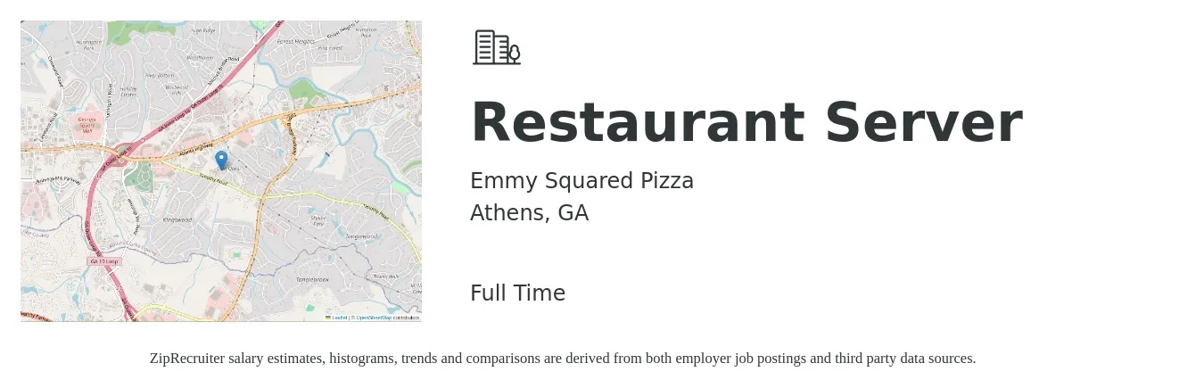 Emmy Squared Pizza job posting for a Restaurant Server in Athens, GA with a salary of $8 to $14 Hourly with a map of Athens location.