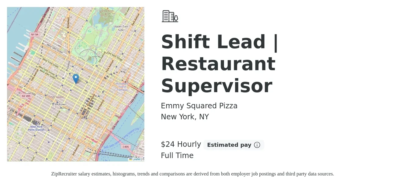 Emmy Squared Pizza job posting for a Shift Lead | Restaurant Supervisor in New York, NY with a salary of $25 Hourly with a map of New York location.