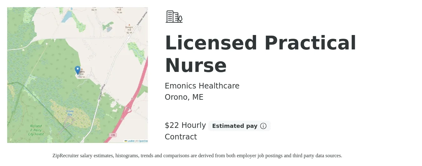 Emonics Healthcare job posting for a Licensed Practical Nurse in Orono, ME with a salary of $23 Hourly with a map of Orono location.