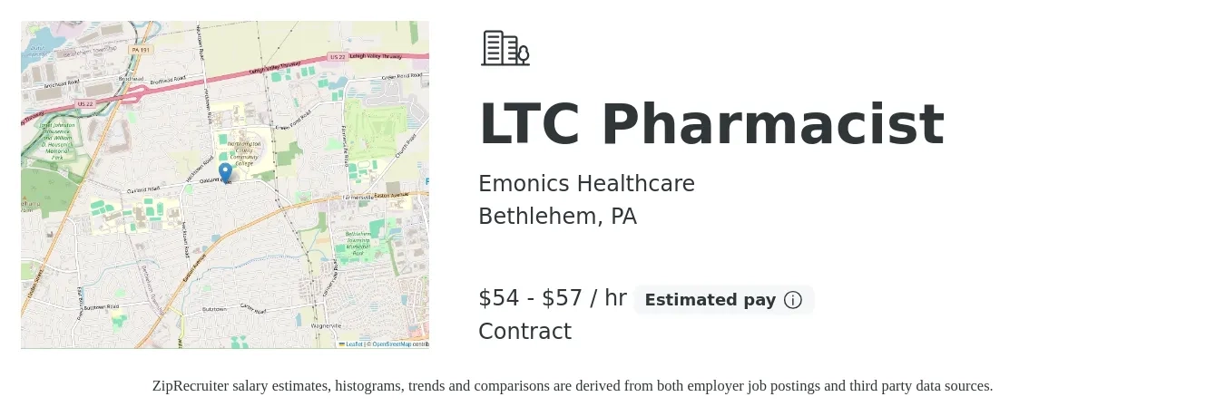 Emonics Healthcare job posting for a LTC Pharmacist in Bethlehem, PA with a salary of $57 to $60 Hourly with a map of Bethlehem location.