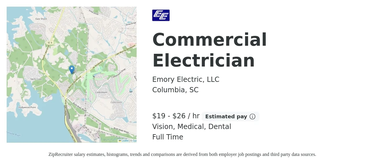 Emory Electric, LLC job posting for a Commercial Electrician in Columbia, SC with a salary of $20 to $28 Hourly and benefits including dental, life_insurance, medical, pto, retirement, and vision with a map of Columbia location.