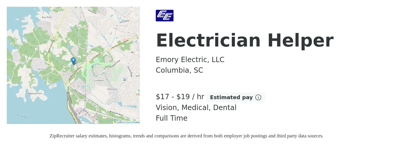 Emory Electric, LLC job posting for a Electrician Helper in Columbia, SC with a salary of $18 to $20 Hourly and benefits including dental, life_insurance, medical, pto, retirement, and vision with a map of Columbia location.