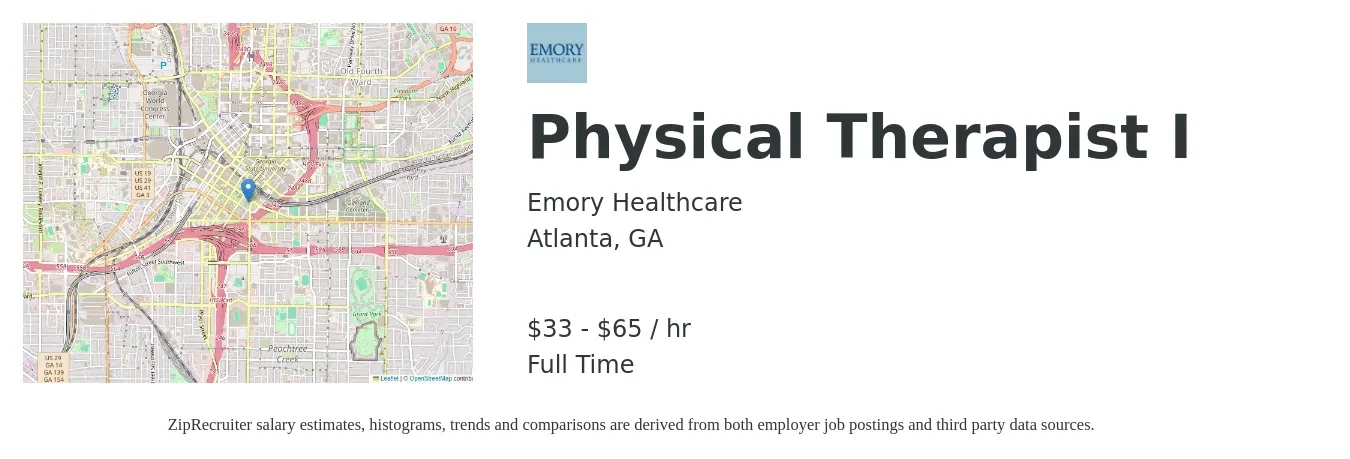 Emory Healthcare job posting for a Physical Therapist I in Atlanta, GA with a salary of $35 to $68 Hourly with a map of Atlanta location.