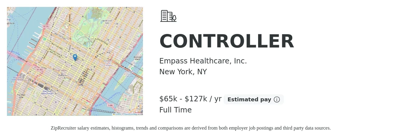Empass Healthcare, Inc. job posting for a CONTROLLER in New York, NY with a salary of $65,000 to $127,400 Yearly with a map of New York location.