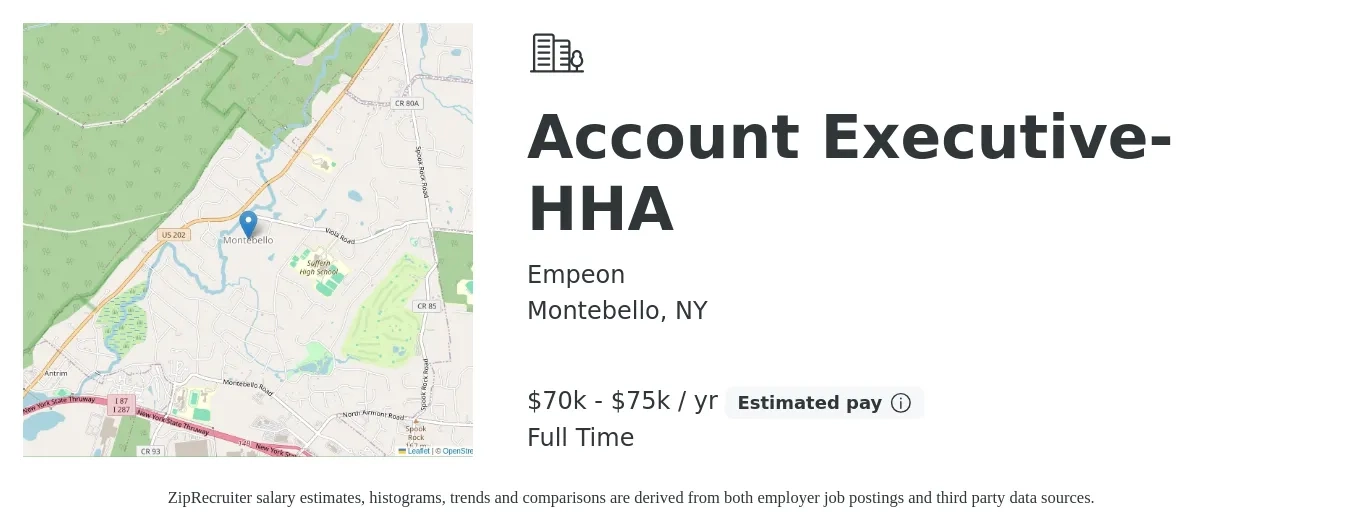 Empeon job posting for a Account Executive- HHA in Montebello, NY with a salary of $70,000 to $75,000 Yearly with a map of Montebello location.