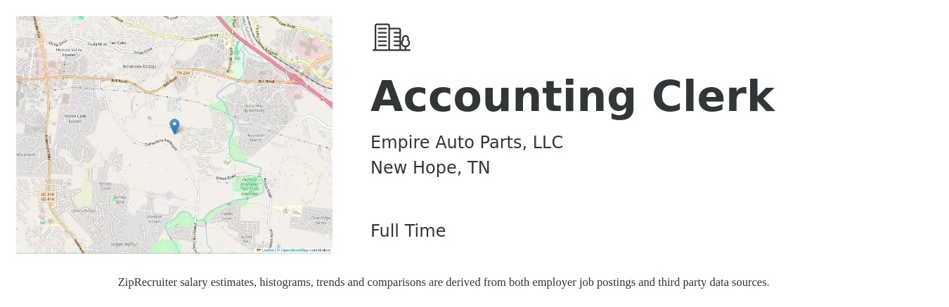 Empire Auto Parts, LLC job posting for a Accounting Clerk in New Hope, TN with a salary of $18 to $23 Hourly with a map of New Hope location.