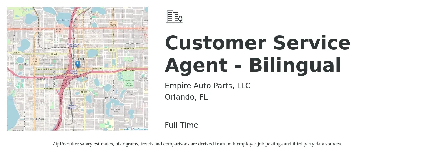 Empire Auto Parts, LLC job posting for a Customer Service Agent - Bilingual in Orlando, FL with a salary of $13 to $18 Hourly with a map of Orlando location.