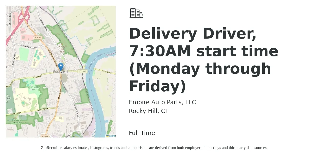 Empire Auto Parts, LLC job posting for a Delivery Driver, 7:30AM start time (Monday through Friday) in Rocky Hill, CT with a salary of $16 to $20 Hourly with a map of Rocky Hill location.
