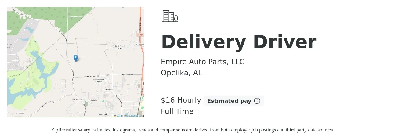 Empire Auto Parts job posting for a Delivery Driver in Opelika, AL with a salary of $17 Hourly with a map of Opelika location.