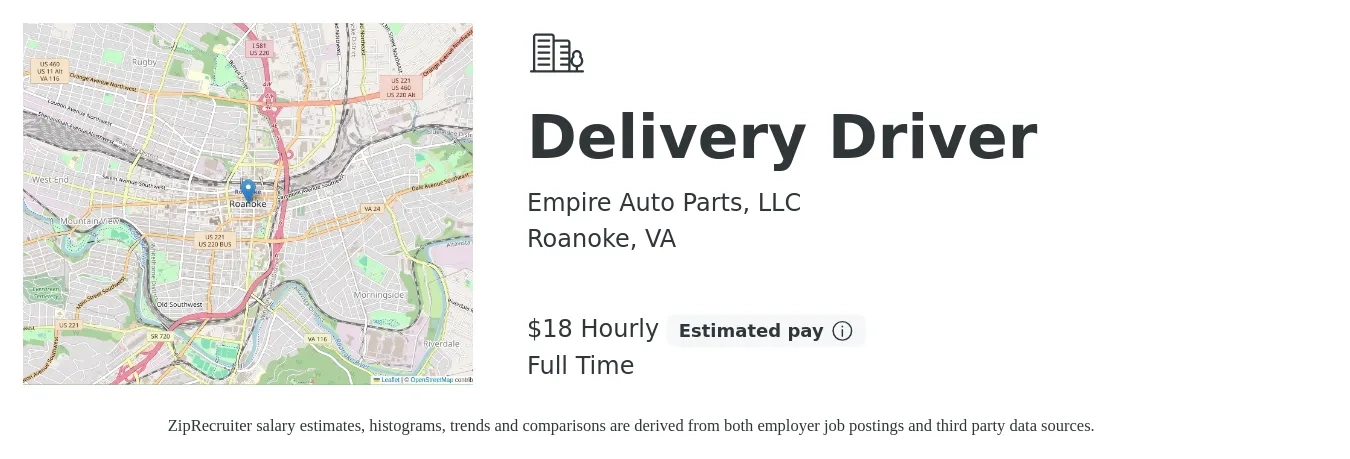 Empire Auto Parts, LLC job posting for a Delivery Driver in Roanoke, VA with a salary of $16 to $20 Hourly with a map of Roanoke location.