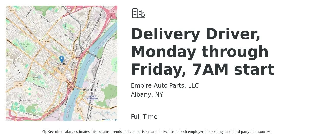 Empire Auto Parts, LLC job posting for a Delivery Driver, Monday through Friday, 7AM start in Albany, NY with a salary of $17 to $21 Hourly with a map of Albany location.