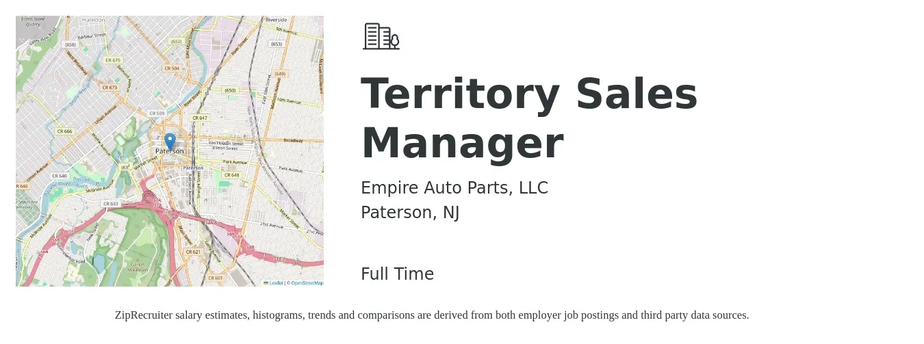 Empire Auto Parts, LLC job posting for a Territory Sales Manager in Paterson, NJ with a salary of $65,300 to $100,300 Yearly with a map of Paterson location.