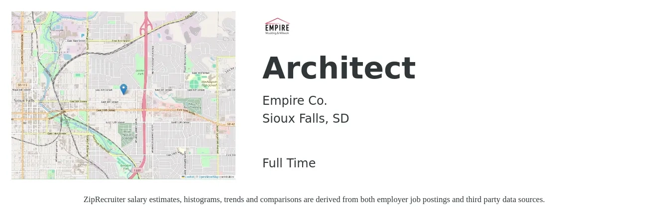 Empire Co. job posting for a Architect in Sioux Falls, SD with a salary of $90,500 to $165,100 Yearly with a map of Sioux Falls location.