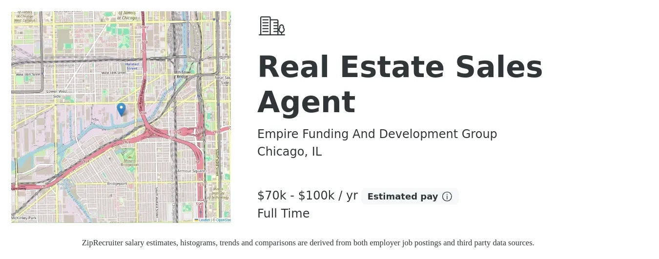 Empire Funding And Development Group job posting for a Real Estate Sales Agent in Chicago, IL with a salary of $500 Weekly with a map of Chicago location.