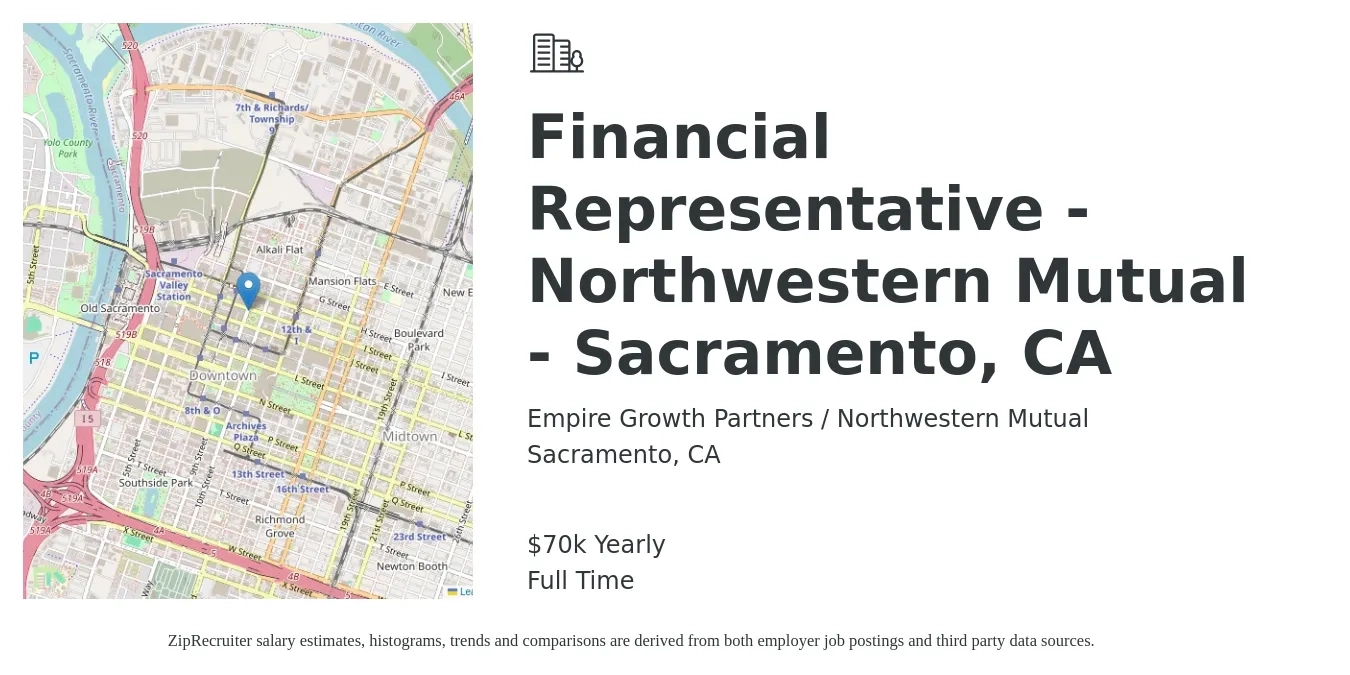 Empire Growth Partners / Northwestern Mutual job posting for a Financial Representative - Northwestern Mutual - Sacramento, CA in Sacramento, CA with a salary of $70,000 Yearly with a map of Sacramento location.