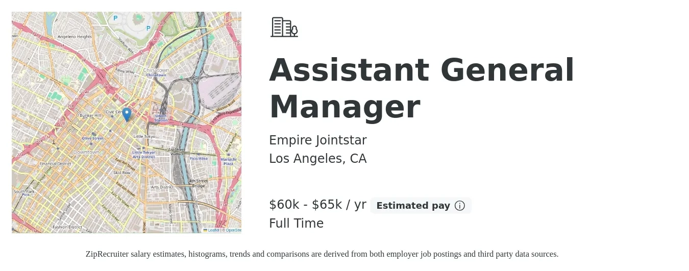 Empire Jointstar job posting for a Assistant General Manager in Los Angeles, CA with a salary of $60,000 to $65,000 Yearly with a map of Los Angeles location.