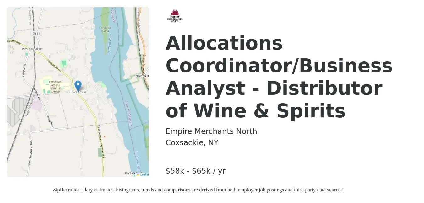 Empire Merchants North job posting for a Allocations Coordinator/Business Analyst - Distributor of Wine & Spirits in Coxsackie, NY with a salary of $58,500 to $65,000 Yearly with a map of Coxsackie location.