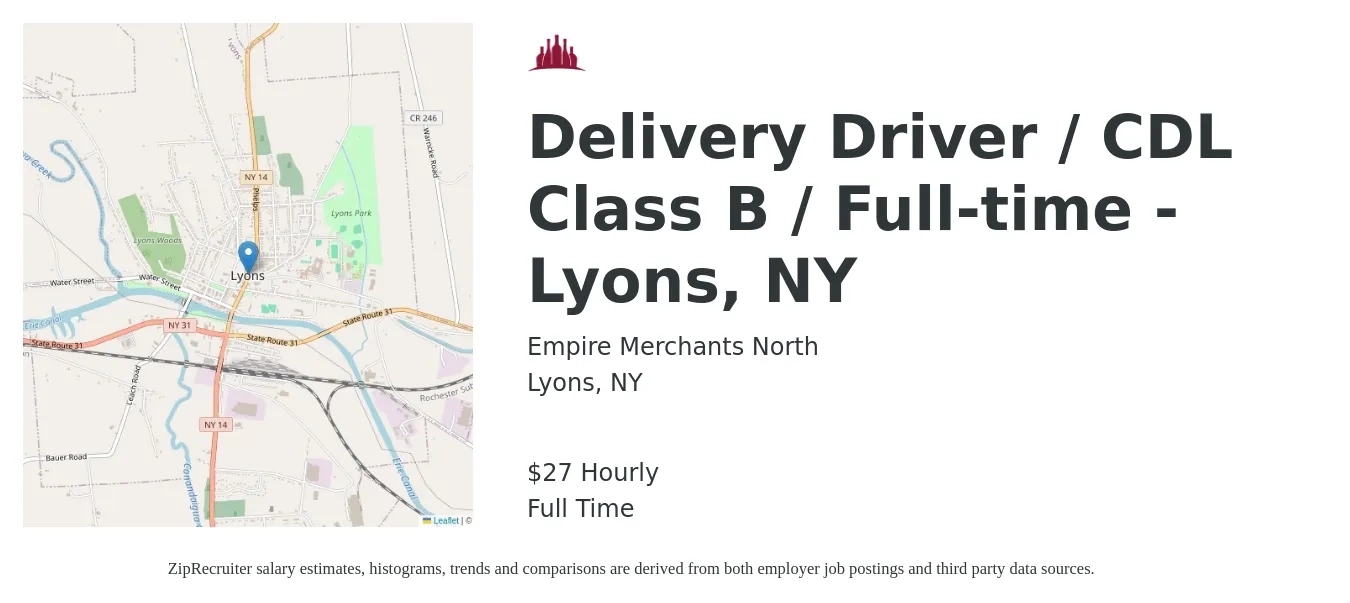 Empire Merchants North job posting for a Delivery Driver / CDL Class B / Full-time - Lyons, NY in Lyons, NY with a salary of $29 Hourly with a map of Lyons location.