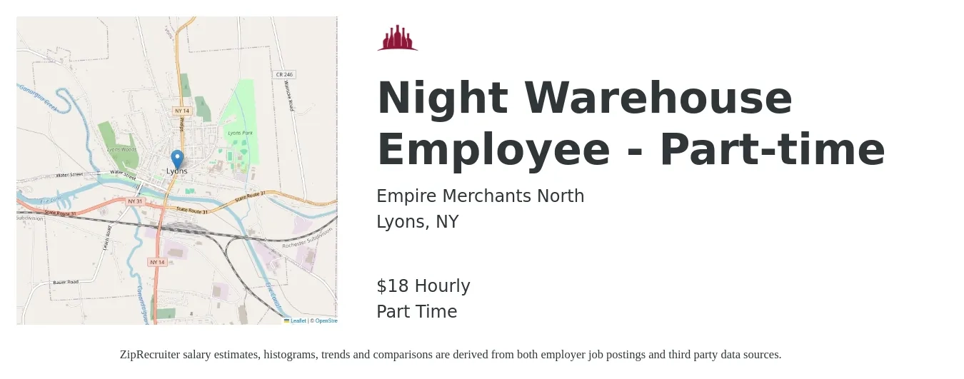 Empire Merchants North job posting for a Night Warehouse Employee - Part-time in Lyons, NY with a salary of $19 Hourly with a map of Lyons location.
