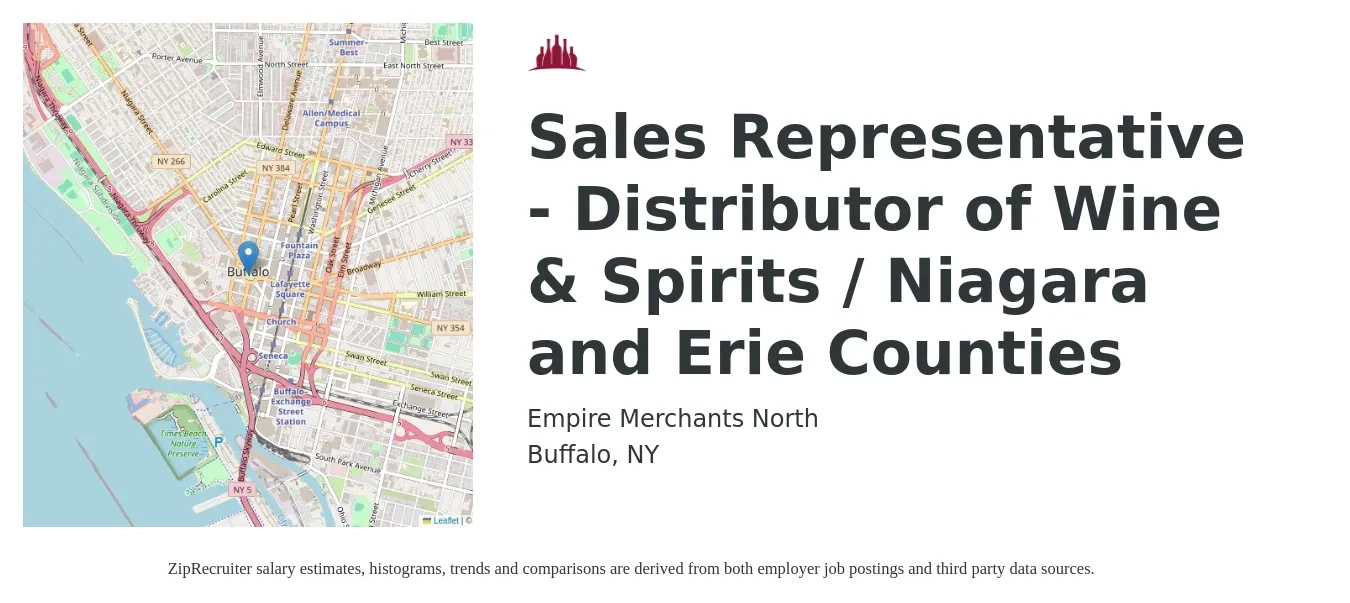 Empire Merchants North job posting for a Sales Representative - Distributor of Wine & Spirits / Niagara and Erie Counties in Buffalo, NY with a salary of $51,800 to $90,100 Yearly with a map of Buffalo location.